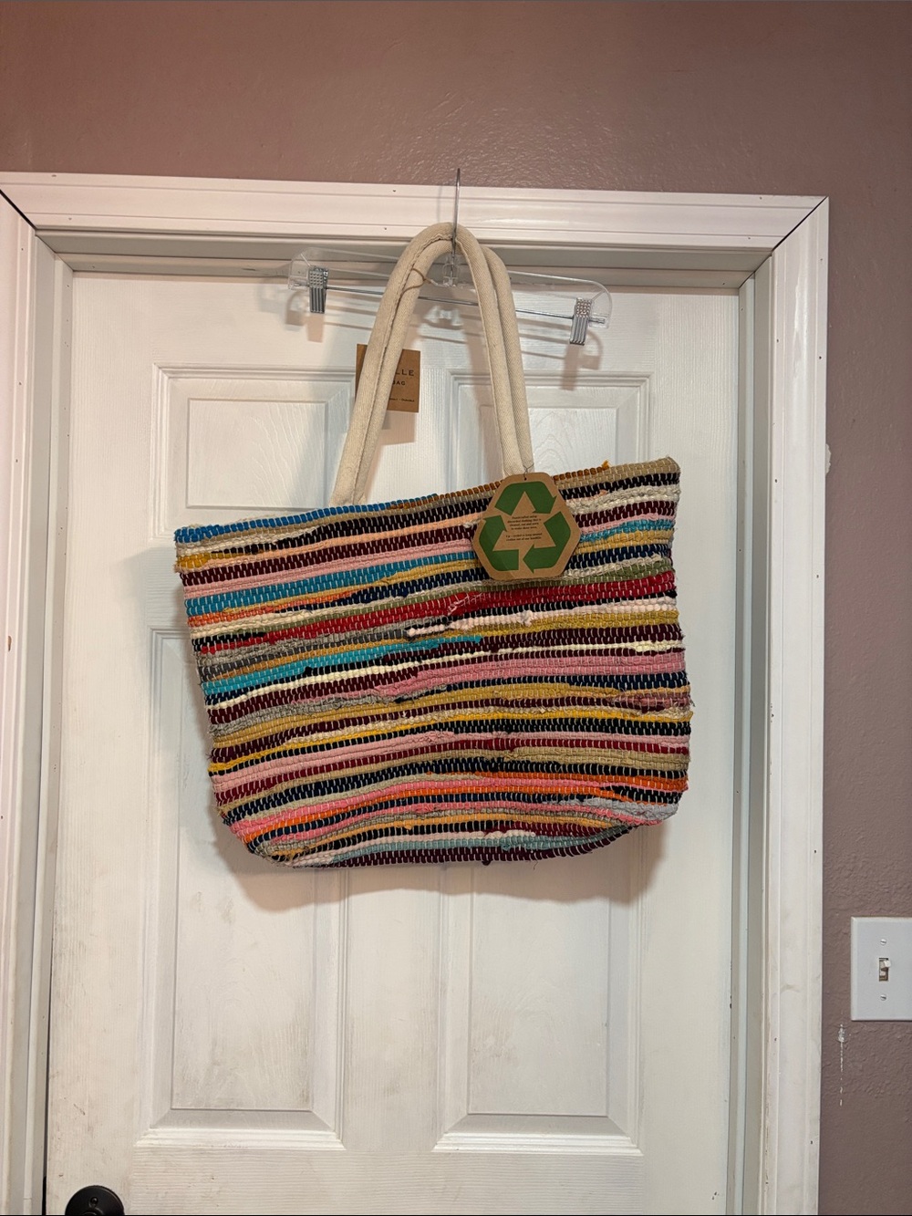 Striped Multicolor Woven Tote Bag with Cream Handles